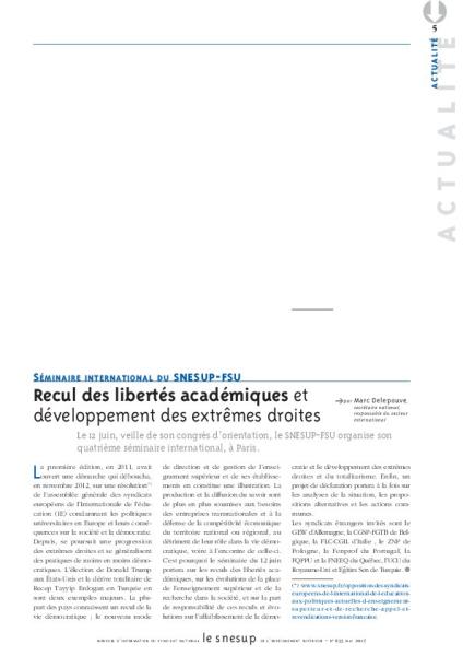 Séminaire international du SNESUP-FSU : recul des libertés académiques et développement des extrêmes droites, par Marc Delepouve/N° 655 MAI 2017