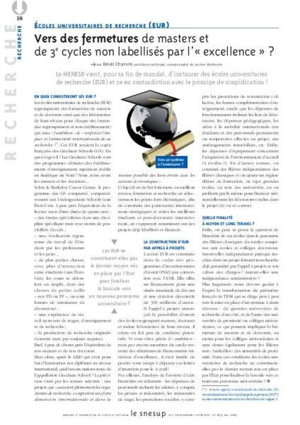 Ecoles universitaires de recherche (EUR) : vers des fermetures de masters et de 3e cycles non labellisés par l'"excellence" ? , par Heidi Charvin/N° 655 MAI 2017