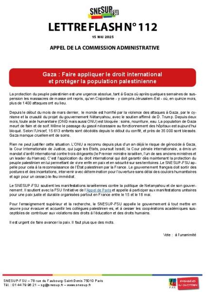 Gaza : Faire appliquer le droit international et protéger la population palestinienne - Appel de la commission administrative du 15 mai 2025 - Lettre flash n°112