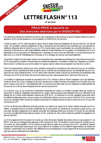 PRAG-PRCE et assimilé·es - Des avancées obtenues par le SNESUP-FSU - Lettre flash n°113 du 27 mai 2025
