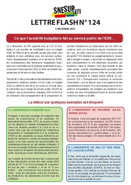 Ce que l’austérité budgétaire fait au service public de l’ESR… - Lettre flash n° 124 du 5 décembre 2025