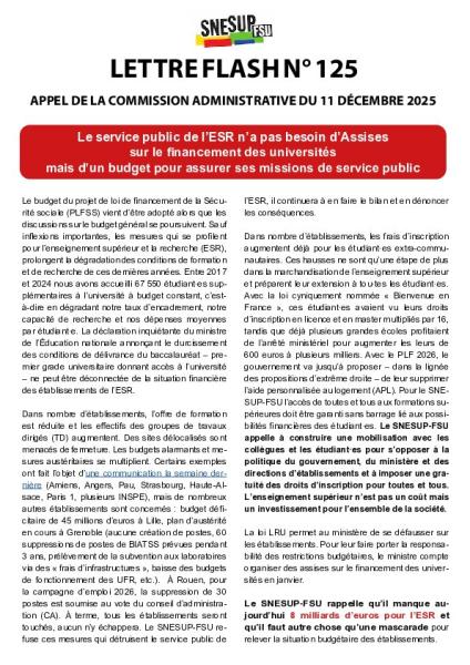 Le service public d’ESR n’a pas besoin d’Assises sur le financement des universités mais d’un budget -Appel de la Commission administrative du 11 décembre 2025 - Lettre flash n°125