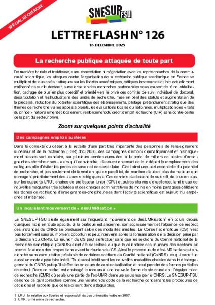 La recherche publique attaquée de toute part - Lettre flash n°126 - Spécial Recherche