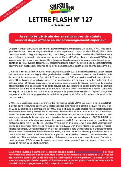 Assemblée générale des enseignant·es de statuts second degré affecté·es dans l’ESR- Lettre flash n°127 - Spécial Second degré