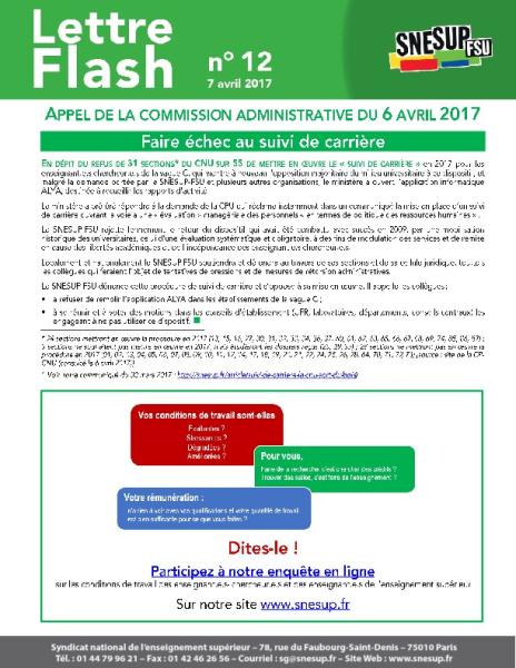 APPEL DE LA COMMISSION ADMINISTRATIVE DU 6 AVRIL 2017 - Faire échec au suivi de carrière - Lettre Flash n° 12