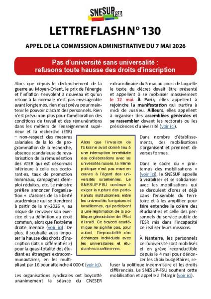 Appel de la Commission administrative du 7 mai 2026 - Pas d’université sans universalité :  refusons toute hausse des droits d’inscription - Lettre flash n° 130