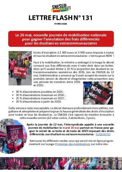 Le 26 mai, nouvelle journée de mobilisation nationale pour gagner l’annulation des frais différenciés pour les étudiant·es extracommunautaires - Lettre flash n°131 du 19 mai 2026