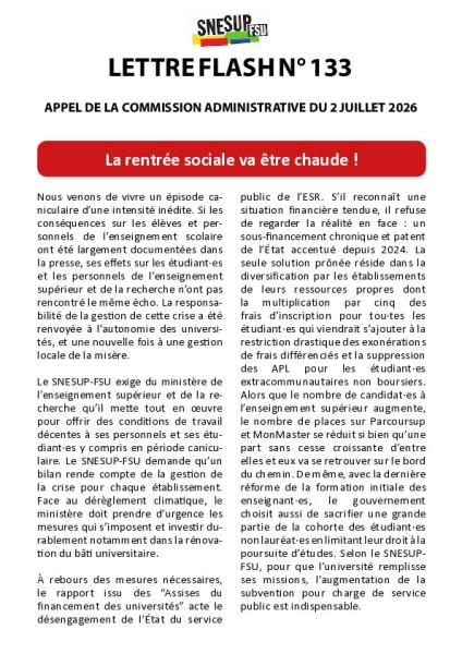 La rentrée sociale va être chaude ! - Appel de la Commission administrative du 2 juillet 2026 - Lettre flash n° 133