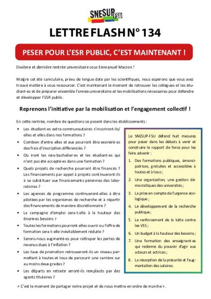 Peser pour l'ESR public, c'est maintenant ! - Lettre flash n° 134 du 1er septembre 2026