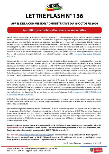 Amplifions la mobilisation dans les universités - Appel de la Commission administrative du 15 octobre 2026 - Lettre flash n° 136