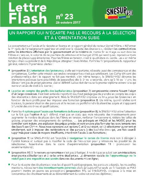 UN RAPPORT QUI N’ÉCARTE PAS LE RECOURS À LA SÉLECTION  ET À L’ORIENTATION SUBIE + CETA - LETTRE FLASH 23