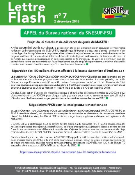 Master, budget 2017, carrières des enseignant.e.s-chercheur.e.s, appel du BN du 1er décembre 2016 : Lettre Flash n°7