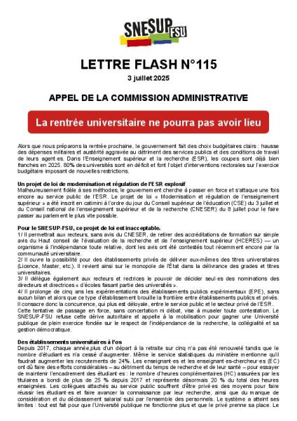 La rentrée universitaire ne pourra pas avoir lieu - Appel de la commission administrative du 3 juillet 2025 - Lettre flash n°115