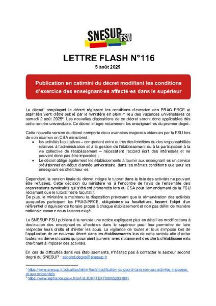 ﻿Publication en catimini du décret modifiant les conditions d'exercice des enseignant·es affecté·es dans le supérieur - Lettre flash n°116