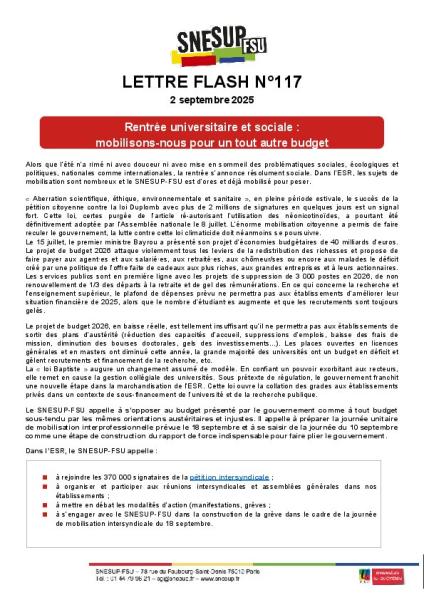 Rentrée universitaire et sociale : mobilisons-nous pour un tout autre budget - Lettre FLash n°117