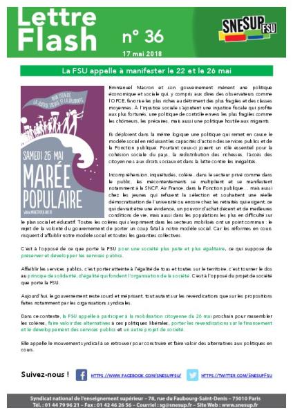 La FSU appelle à manifester le 22 et le 26 mai - Lettre Flash n° 36