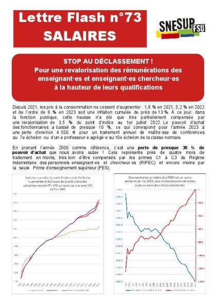 STOP AU DÉCLASSEMENT ! Pour une revalorisation des rémunérations des  enseignant·es et enseignant·es chercheur·es  à la hauteur de leurs qualifications  - Lettre Flash n°73 du 8 juin 2023