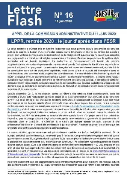 LPPR, rentrée 2020 : le jour d’après dans l’ESR  - Appel de la commission administrative du 11 juin 2020, Lettre Flash n° 16