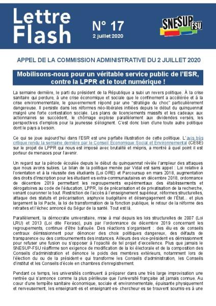 Mobilisons-nous, pour un véritable service public de l’ESR, contre la LPPR et le tout numérique ! - Appel de la commission administrative du 2 juillet 2020, Lettre flash n°17