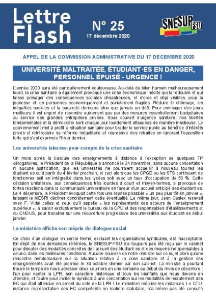 Université maltraitée, étudiant-es en danger, personnel épuisé - URGENCE ! - Lettre flash n°25 - Appel de la CA du 17 décembre 2020