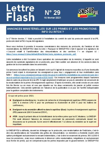  Annonces ministérielles sur les primes et les promotions : info ou intox ? - Lettre flash n°29 du 16 février 2021