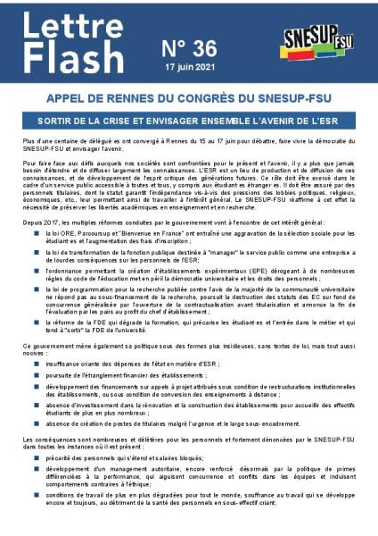 Appel de Rennes du congrès du SNESUP-FSU - Lettre flash n°36 du 17 juin 2021