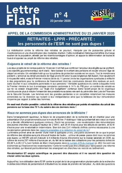 Appel de la CA du 23 janvier 2020 : RETRAITES - LPPR - PRÉCARITÉ : les personnels de l’ESR ne sont pas dupes ! - Lettre flash n° 4