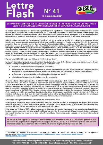 Des mesures ambitieuses et concrètes doivent être prises contre les violences sexistes et sexuelles dans l'ESR- Lettre flash n°41 du 17 novembre 2021