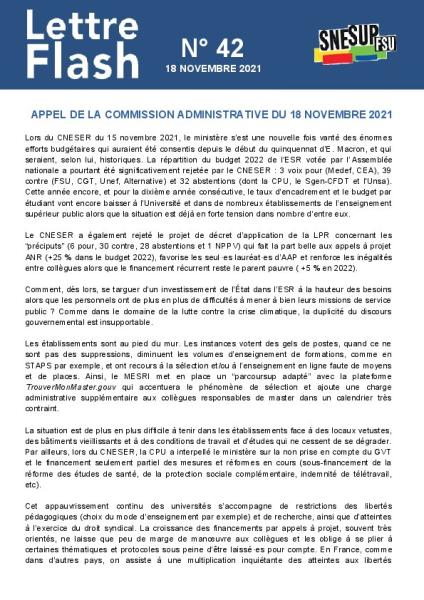 Appel de la commission administrative du 18 novembre 2021 - Lettre flash n°42 