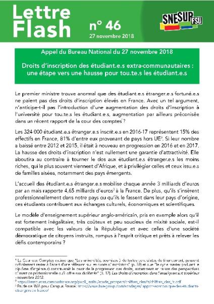 Droits d’inscription des étudiant.e.s extra-communautaires : une étape vers une hausse pour tou.te.s les étudiant.e.s - Lettre Flash n° 46, 27 novembre 2018