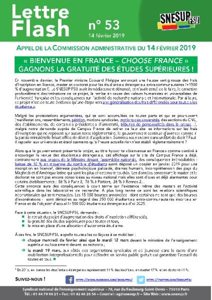 « BIENVENUE EN FRANCE – CHOOSE FRANCE » GAGNONS LA GRATUITÉ DES ÉTUDES SUPÉRIEURES ! - Appel de la Commission administrative du 14 février 2019