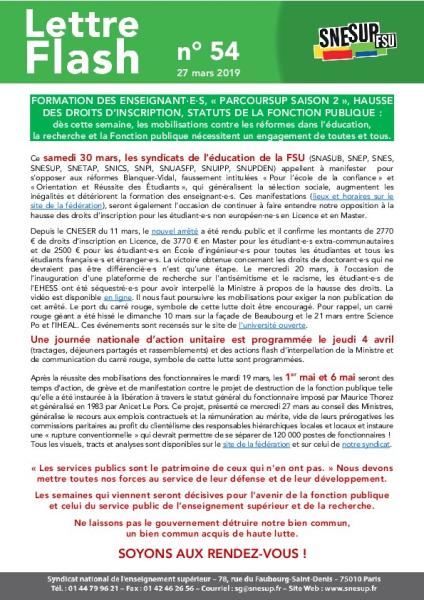 FORMATION DES ENSEIGNANT·E·S, « PARCOURSUP SAISON 2 », HAUSSE DES DROITS D’INSCRIPTION, ... - Lettre Flash n° 54, 27 mars 2019