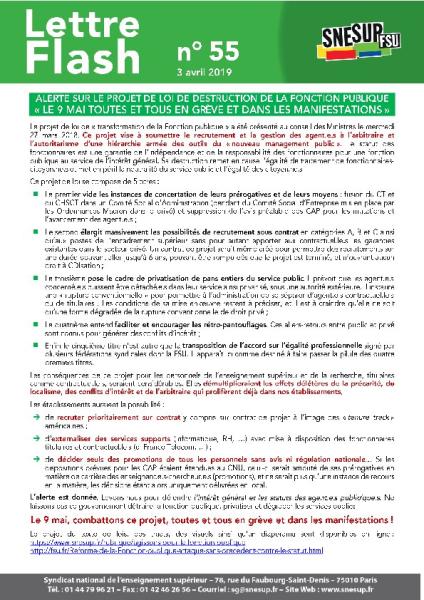 ALERTE SUR LE PROJET DE LOI DE DESTRUCTION DE LA FONCTION PUBLIQUE, LE 9 MAI TOUTES ET TOUS EN GRÈVE ! - Lettre Flash n° 55, 3 avril 2019
