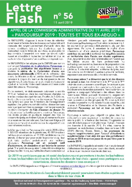 APPEL DE LA CA DU 11 AVRIL 2019 :  « PARCOURSUP 2019 : TOUTES ET TOUS EX-AEQUO »,  Lettre Flash n° 56, 11 avril 2019