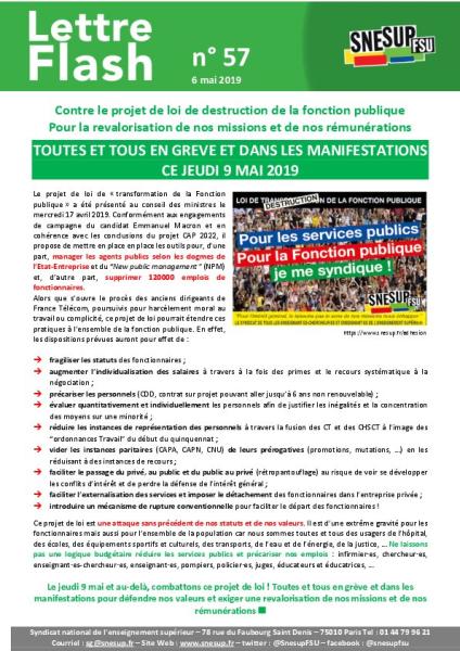 LETTRE FLASH N°57 - TOUTES ET TOUS EN GREVE  ET DANS LES MANIFESTATIONS CE JEUDI 9 MAI 2019