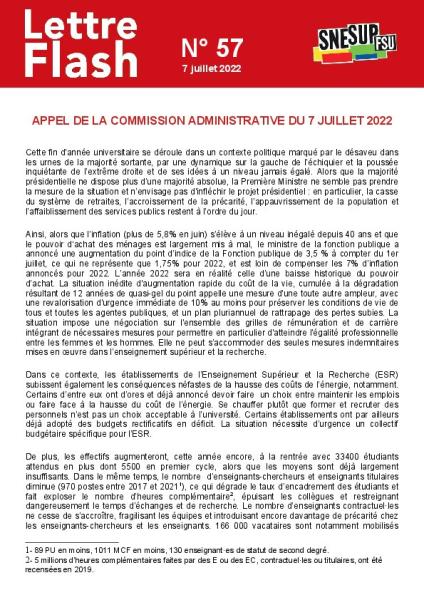 Appel de la commission administrative du 7 juillet 2022 - Lettre flash n°57