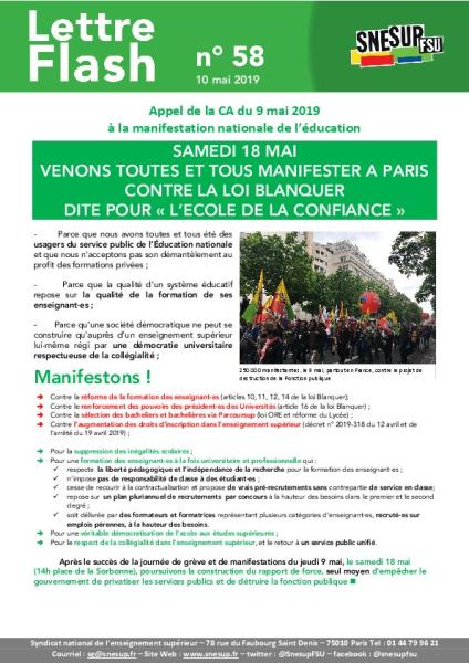 LETTRE FLASH N° 58 - APPEL DE LA CA DU 9 MAI 2019 POUR LA MANIFESTATION NATIONALE LE SAMEDI 18 MAI A 14H PLACE DE LA SORBONNE