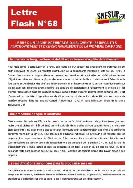 Le RIPEC, un régime indemnitaire qui augmente les inégalités - Lettre flash n°68 du 10 janvier 2023