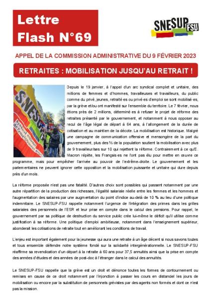 Retraites : mobilisation jusqu'au retrait - Appel de la Commission administrative du 9 février 2023 - Lettre flash n°69