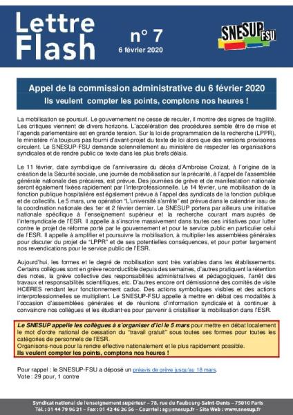 Ils veulent compter les points, comptons nos heures ! - Appel de la commission administrative du 6 février 2020, Lettre Flash n° 7