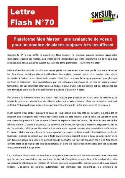 Plateforme Mon Master : une avalanche de voeux pour un nombre de places toujours très insuffisant - Lettre flash n°70 du 16 février 2023