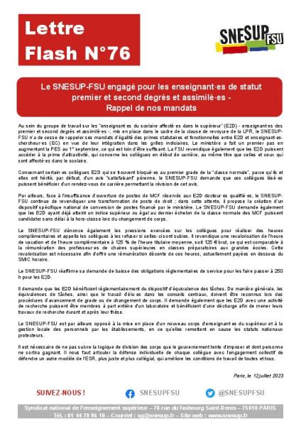 Le SNESUP-FSU engagé pour les enseignant·es de statut  premier et second degré et assimilé·es -  Rappel de nos mandats  - Lettre flash n°76 du 12 juillet 2023