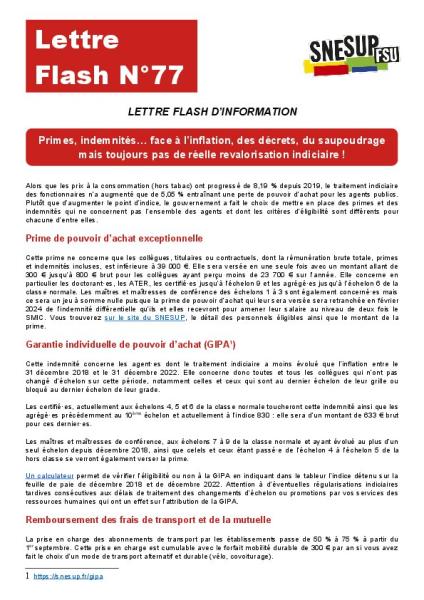 Primes, indemnités… face à l’inflation, des décrets, du saupoudrage mais toujours pas de réelle revalorisation indiciaire ! - Lettre flash n°77 du 1er septembre 2023