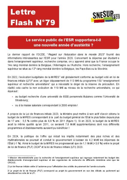 Le service public de l’ESR supportera-t-il une nouvelle année d’austérité ? - Lettre flash n°79 du 25 septembre 2023
