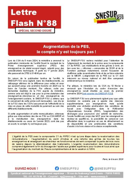 Augmentation de la PES, le compte n'y est toujours pas ! - Lettre flash n°88 du 6 mars 2024 - spécial second degré 