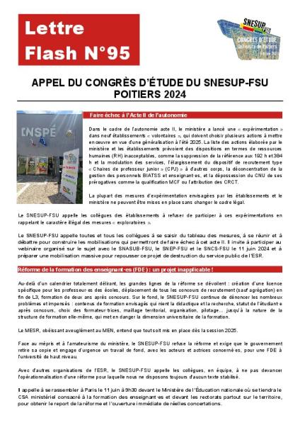 Appel du congrès d'étude du SNESUP-FSU - POITIERS 2024 - Lettre flash n°95 du 6 juin 2024