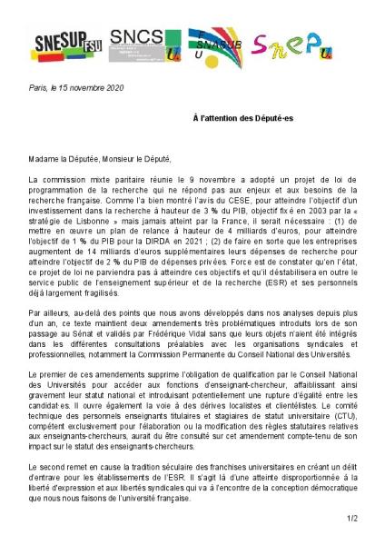 Lettre aux député-es - Projet de loi de programmation de la recherche