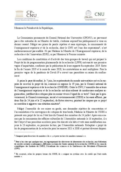 Lettre de la CP-CNU au Président de la République du 3 novembre 2020