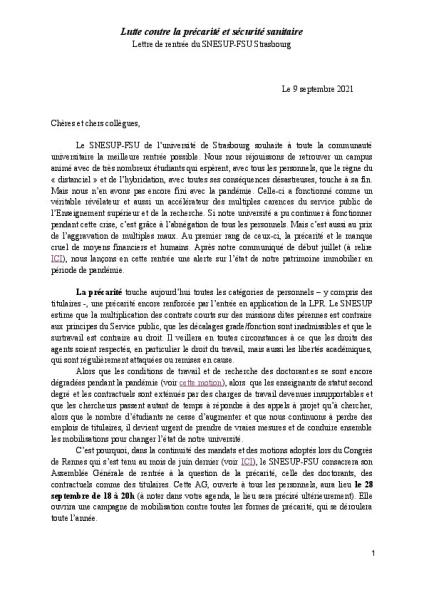 Lutte contre la précarité et sécurité sanitaire - Lettre de rentrée de la section SNESUP-FSU de l'Université de Strasbourg, 9 septembre 2021