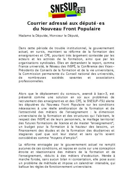Courrier adressé aux député·es du Nouveau Front Populaire sur la réforme de la formation des enseignant·es et CPE